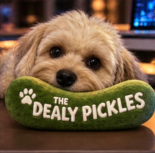 Dilly resting his chin on a green Dealy Pickles plush pickle